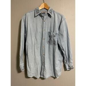 Vintage Christine Alexander Womens Top Small Chambray Rhinestone Cat Wacky 90s